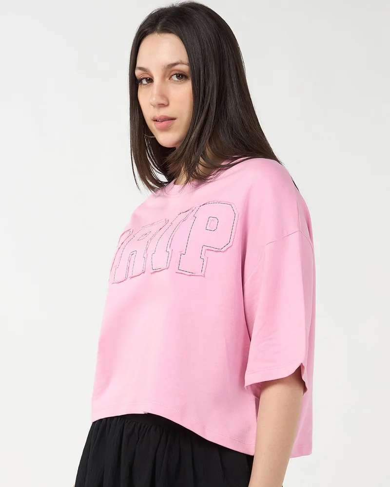 bewakoof Women's Pink Drip Applique Oversized Crop T-shirt